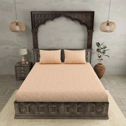 JaipurFabric Creamy Peach Pure Cotton 300 TC Maze Illusive King Size Bedsheet with 2 Pillow Covers-picture-42