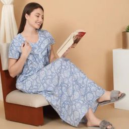 Sweet Dreams Blue Cotton Regular Fit Geometric Print Night Dress-picture-10
