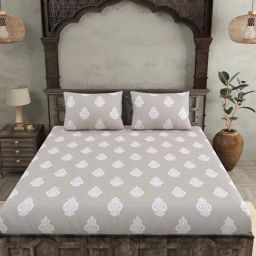 JaipurFabric Taupe Pure Cotton 300 TC Ethnic Kalash King Size Bedsheet with 2 Pillow Covers-picture-38