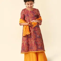 Fabindia Kids Red & Yellow Printed Kurta, Plazzos with Dupatta-picture-12