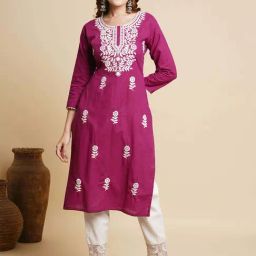 Fashor Purple Cotton Embroidered Straight Kurta-image-94