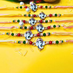 ORANGENYSHA Set Of 6 American Diamonds Studded & Beaded Meenakari Thread Rakhis-image-61