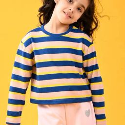 Anthrilo Girls Pink & Navy Striped Full Sleeves Crop Top-image-21