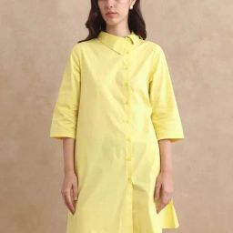 RAREISM Yellow Cotton Blend Solid Three-Quarter Sleeves Dress-image-4