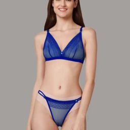AROUSY Blue Self Pattern Bra Panty Set-image-87