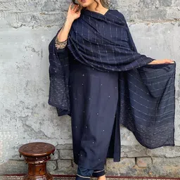 Ekta Textiles Women Paisley Embroidered Regular Thread Work Chanderi Silk Kurti with Pyjamas & With Dupatta-picture-14