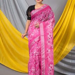 MAHALASA Pink Cotton Floral Saree With Unstitched Blouse-image-3