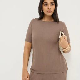Gia by Westside Dark Brown Ribbed-Textured T-Shirt-image-39