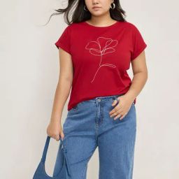 Gia by Westside Red Floral Embellished Cotton T-Shirt-image-42
