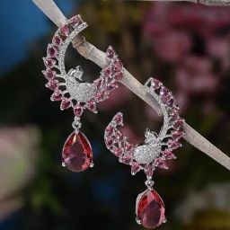 Zeneme Rhodium Plated Silver Toned Red AD Drop Earrings-35