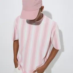Nuon by Westside Pink Stripe Printed Relaxed-Fit Cotton-Blend T-Shirt-image-76