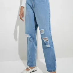 Nuon by Westside Blue Distressed Relaxed-Fit High-Rise Jeans-image-34
