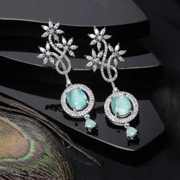 Zeneme Rhodium Plated Brass Lime Green AD Studded Contemporary Dangler Earrings-39