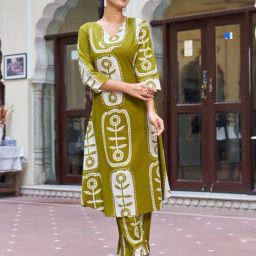 Kaftanize Olive Green Abstract Bold Floral Printed Relaxed Fit Straight Kurta And Pant Set-image-2