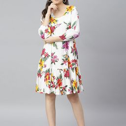 DEEBACO Women White Floral Crepe A-Line Dress-image-95