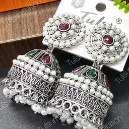 tulsi imitation Artificial Stones Studded & Beads Beaded Oxidised Dome Shaped Jhumkas-16