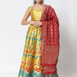 Mr Y Women Yellow Printed Semi-Stitched Banarsi Silk Lehenga with Blouse And Dupatta-picture-52