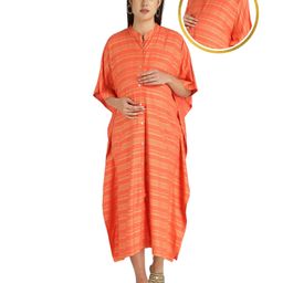 Zelena Half Sleeves Striped Maternity Kaftan Dress - Orange-image-9