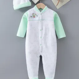 Kookie Kids Full Sleeves Winter Wear Romper with Cap Teddy Bear Print - Green-picture-46