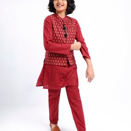 Pine Kids Cotton Full Sleeves Kurta Pyjama Set with Bandi Floral Print - Rust-image-25