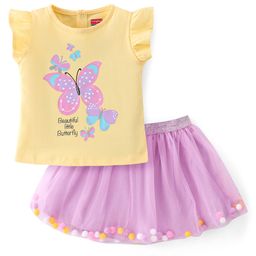 Babyhug 100% Cotton Half Sleeves Top and Skirt Butterfly Printed - Yellow & Lilac-image-88