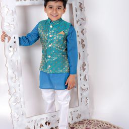 SuperminisPure Cotton Full Sleeves Solid Kurta Pyjama With Dupion Silk Floral Block Motif Designed Jacket -Blue-image-76