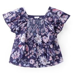 Babyhug Rayon Woven Half Sleeves Top With Smocking & Frill Detailing Floral Print - Purple-image-102