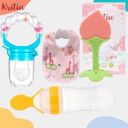 Kritiu Baby Silicone Food Feeder And Fruit Feeder, Fruit Teether And Bib Combo Pack Of 4 ( Multicolor )-27