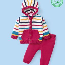 Babyhug Cotton Knit Full Sleeves Front Open Hooded Sweater Set with Stripes Design - Red-image-31