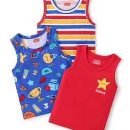 Babyhug 100%  Cotton Knit Sleeveless Stripes Sandos with Star Print Pack of 3 - Multicolour-picture-19