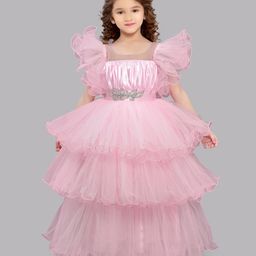 PinkChick Satin Ruffle Sleeves Pleated & Stone Embellished Layered Party Wear Gown - Pink-image-70