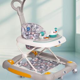 Mee Mee 360° Baby Activity Walker For 7 Level Adjustable Height, Musical Detachable Toy Bar & Light | Parental Push Handle, Anti-Rollover Folding Walker for Kids-Grey-7
