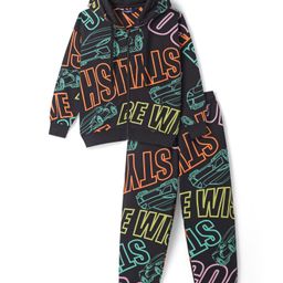 Honeyhap Premium 100% Cotton Knit Full Sleeves HoodedFront Open Winter Wear Sweatshirt & Lounge Pant Set with Bio Finish & Text Print - Black Beauty-image-51
