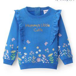 Babyoye 100% Cotton Knit Full Sleeves Sweatshirt With Floral Print & Frill Detailing - Blue-image-65