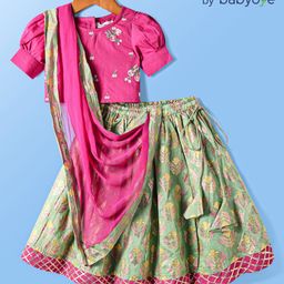 Babyoye Woven Half Puffed Sleeves Lehenga Choli & Dupatta Set With Floral Embroidery - Green & Pink-image-43