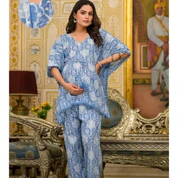 Aujjessa Cotton Batwing Sleeves Floral Printed & Lace Embellished Maternity Feeding Night Suit with Concealed Zipper Nursing AccessLight Blue-picture-46