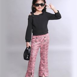 Taffykids Full Sleeves Tie Up Detailed Top With Checked Slit Pant Set - Black & Mauve-image-4