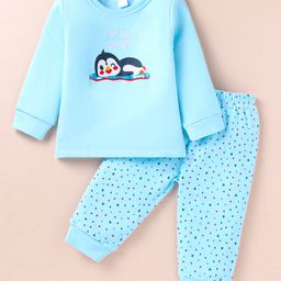 Tango Fleece Knit Full Sleeves Penguin Printed Winter Wear Sweatshirt & Lounge Pant Set - Aqua Blue-image-20
