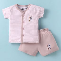 Little Darlings Interlock Knit Half Sleeves Shorts Night Suit with Fox Print & Stripes - Light Pink-image-46