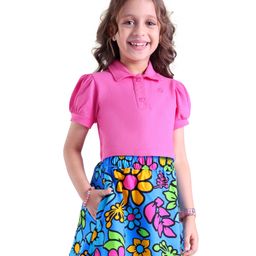 Ollington St. Cotton Knit Puffed Sleeves Collar Neck Top & Floral Printed Skirt Set - Pink Blue-picture-45