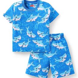 Babyhug Cotton Knit Half Sleeves Short Night Suitwith Whale Print - Blue-image-73