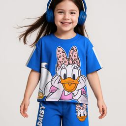 Babyhug Disney Single Jersey Half Sleeves Oversize Drop Shoulder T-Shirt & Shorts Set With Daisy Duck Graphics - Blue-picture-16