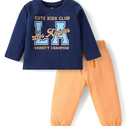 Doodle Poodle 100% Cotton Knit Full Sleeves T-Shirt & Lounge Pant Set With Los Angeles Print - Navy Blue & Orange-image-22