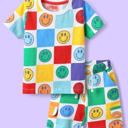 Babyhug Single Jersey Knit Half Sleeves T-Shirt & Shorts Co-ord Set with Smiley Print - White-image-53