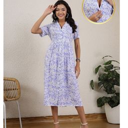 Zelena 100% Rayon Half Sleeves Floral Printed Maternity Zipless Feeding Dress With Nursing Access & Pockets - Blue-image-49