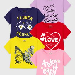 KUCHIPOO Cotton Blend Pack Of 5 Half Sleeves Floral & Take It Easy Text Printed Tees - Yellow Pink Blue Red & Lilac-image-19