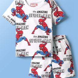 Kookie Kids Marvel Single Jersey Knit Half Sleeves T-Shirt & Shorts Co-Ord Set With Spider-Man Graphics - White-picture-11