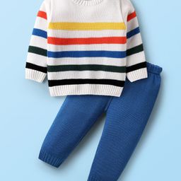 Babyhug Knitted Full Sleeves Sweater Set with Stripe Design - White & Blue-picture-0