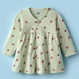 Pink Rabbit Single Jersey Knit Full Sleeves Front Open Frock With Ladybug Print - Light Green-image-12