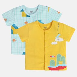 MINI KLUB Cotton Knit Pack Of 2 Half Sleeves Checked & Dinosaur Printed Jhablas - Blue & Yellow-picture-20